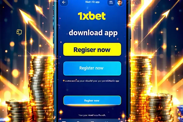 Hình ảnh kêu gọi hành động cho 1xBet, thể hiện sự tiện lợi của ứng dụng 1xBet và trải nghiệm cá cược thú vị, với các thiết bị di động và biểu tượng chiến thắng.