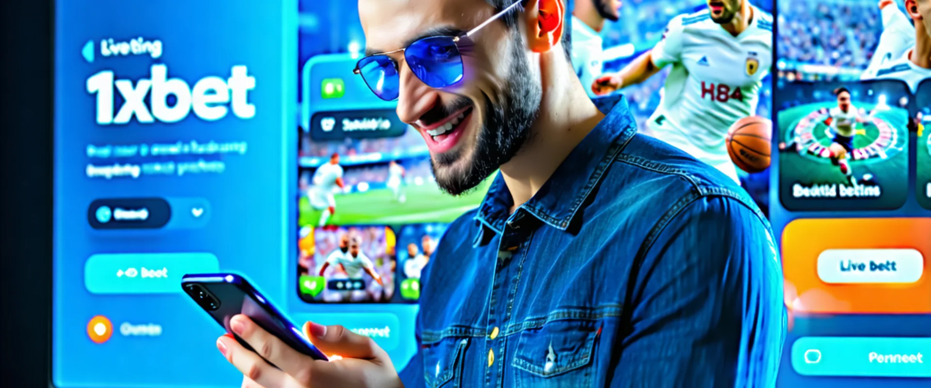 Hình ảnh giới thiệu về 1xBet, một nền tảng cá cược trực tuyến hàng đầu với giao diện hiện đại và người dùng đang tương tác trên ứng dụng 1xBet.