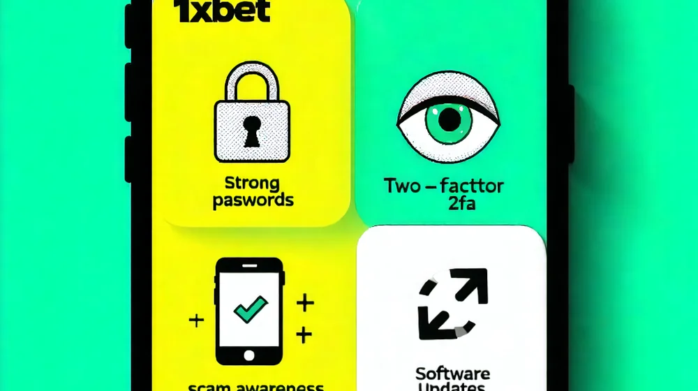 Hình ảnh các biểu tượng và mẹo bảo vệ tài khoản 1xBet, như mật khẩu mạnh, 2FA, cảnh giác lừa đảo, khuyến khích người dùng chủ động bảo vệ thông tin cá nhân.