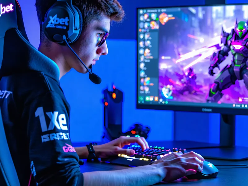 Người chơi eSports đang thi đấu trên máy tính với logo 1xbet, biểu thị sự phát triển của cá cược eSports trên nền tảng.