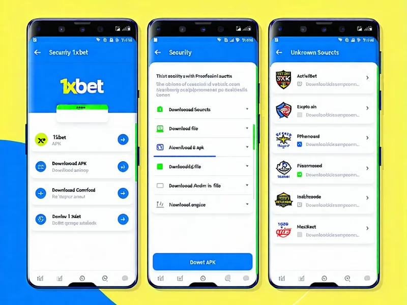 Hình ảnh minh họa các bước tải xuống và cài đặt 1xBet APK trên điện thoại Android, hiển thị giao diện cài đặt ứng dụng, thông báo bảo mật và màn hình chính của ứng dụng 1xBet.
