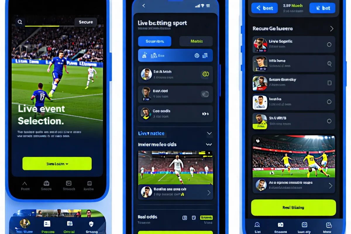 Hình ảnh minh họa các bước truy cập và sử dụng ứng dụng 1xBet để xem trực tiếp các sự kiện, bao gồm màn hình đăng nhập, giao diện chọn trận đấu và phát sóng trực tiếp trên thiết bị di động.