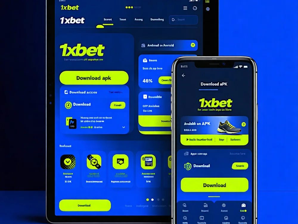 Hình ảnh điện thoại di động hiển thị giao diện ứng dụng 1xBet với các tùy chọn tải xuống APK và App Store, nền màu xanh đậm và vàng