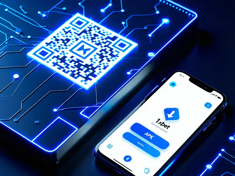 Hình ảnh mã QR để tải ứng dụng 1xBet, cùng với điện thoại di động hiển thị biểu tượng ứng dụng và các hướng dẫn tải 1xBet APK.
