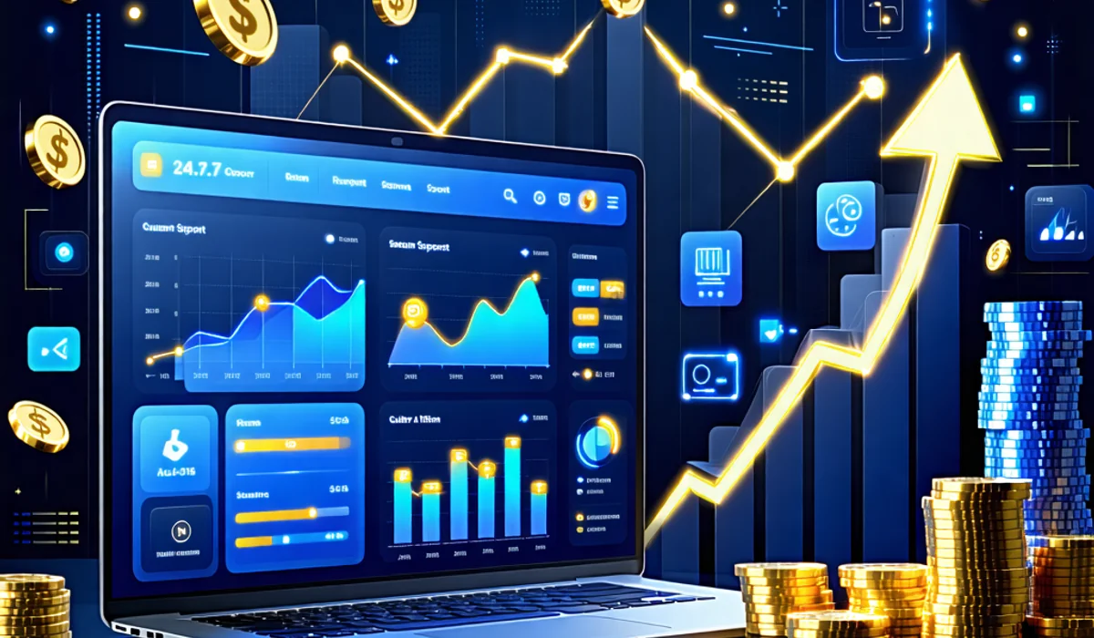 Hình ảnh minh họa các lợi ích khi sử dụng nền tảng 1xBet, bao gồm biểu đồ tăng trưởng tài chính, các biểu tượng hỗ trợ khách hàng, và giao diện người dùng hiển thị nhiều tùy chọn cá cược, với tông màu xanh đậm và vàng sang trọng.