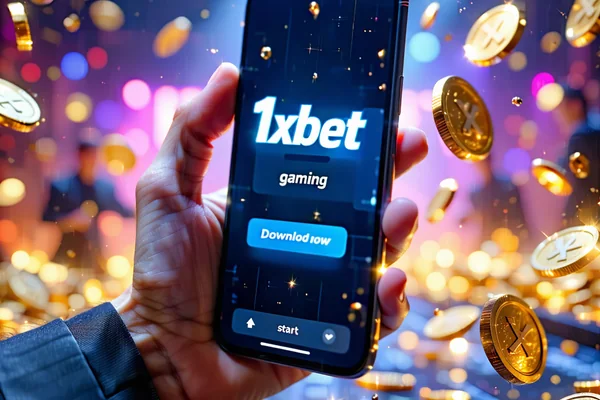 Hình ảnh khuyến khích hành động tải ứng dụng 1xBet, với một bàn tay đang cầm điện thoại thông minh có ứng dụng 1xBet đang hoạt động, nổi bật trên nền ánh sáng rực rỡ và biểu tượng chiến thắng.
