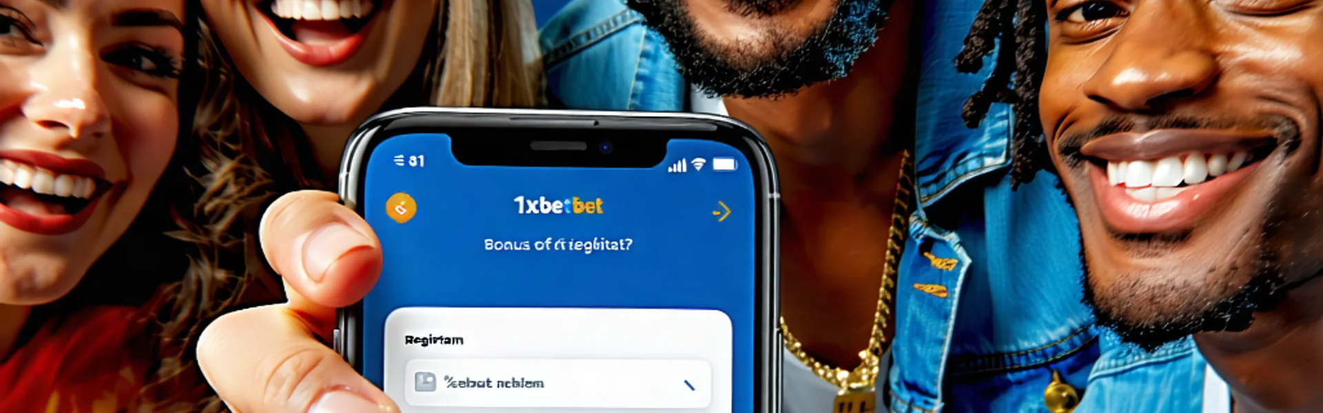Hình ảnh kêu gọi đăng ký 1xBet, Ứng dụng 1xBet, 1xBet APK, Link vào 1xBet với người chơi vui vẻ và tiền thưởng