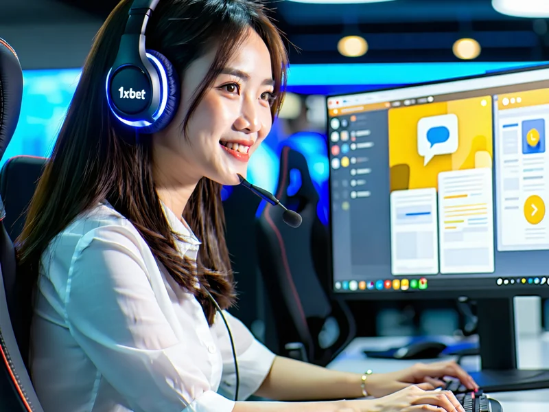 Một nhân viên hỗ trợ khách hàng thân thiện của 1xBet đang giao tiếp qua tai nghe và máy tính, biểu tượng chat trực tuyến nổi bật, tông màu xanh đậm và vàng.