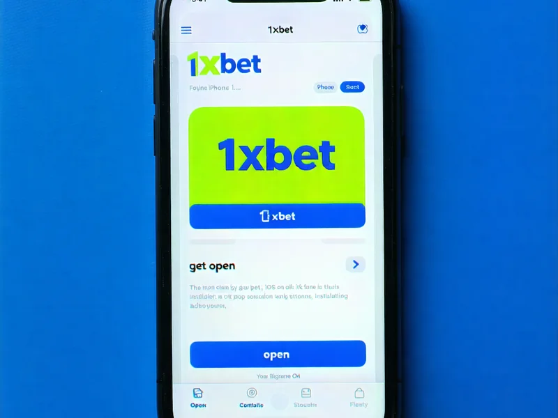 Giao diện App Store trên iPhone hiển thị ứng dụng 1xBet với nút 'Tải về' hoặc 'Mở', thể hiện sự đơn giản khi cài đặt ứng dụng 1xBet trên hệ điều hành iOS, trên nền màu vàng và xanh đậm.