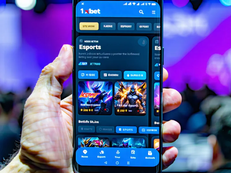 Màn hình ứng dụng 1xBet trên điện thoại di động hiển thị các tùy chọn cá cược thể thao điện tử và phát trực tiếp.