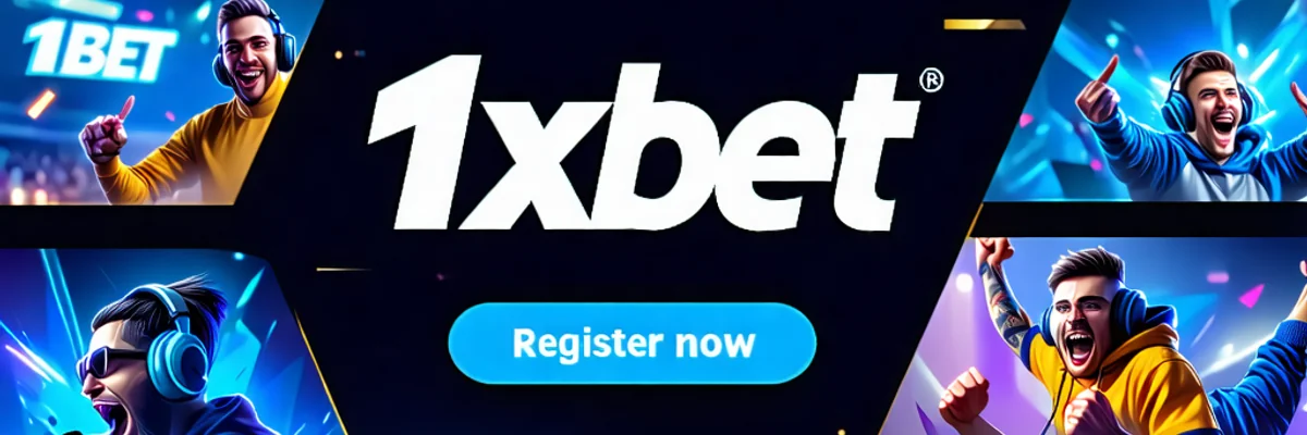 Banner kêu gọi hành động với hình ảnh các game thủ Esports đang thi đấu sôi nổi, kèm logo 1xBet.