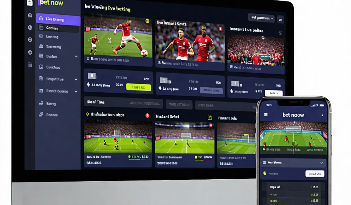 Hình ảnh minh họa các tính năng nổi bật của 1xBet khi xem trực tiếp, bao gồm giao diện người dùng thân thiện, nhiều môn thể thao và khả năng đặt cược tức thì, với màu sắc chủ đạo là xanh đậm và vàng.