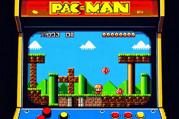 Hình ảnh các trò chơi arcade cổ điển như Pac-Man hoặc Space Invaders với phong cách retro, gợi nhớ về những kỷ niệm tuổi thơ và niềm vui giải trí nhẹ nhàng tại 1xBet.