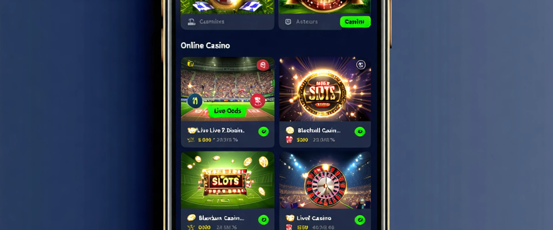 Giao diện ứng dụng 1xbet trên điện thoại di động với các tùy chọn cá cược thể thao và casino trực tuyến, thể hiện sự tiện lợi của 1xbet app và 1xbet apk.