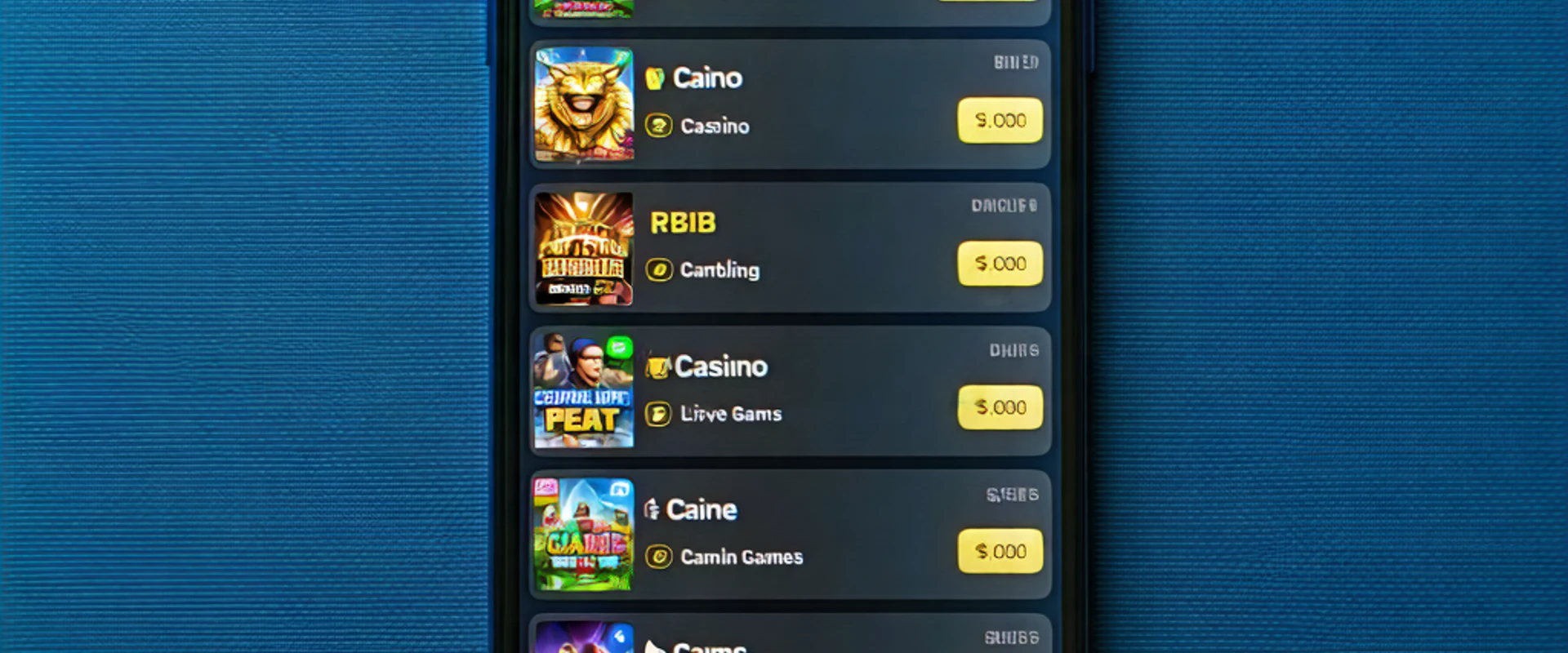 Giao diện ứng dụng 1xBet trên điện thoại thông minh, hiển thị các lựa chọn cá cược thể thao và casino trực tuyến với logo 1xBet nổi bật, trên nền xanh đậm và vàng.