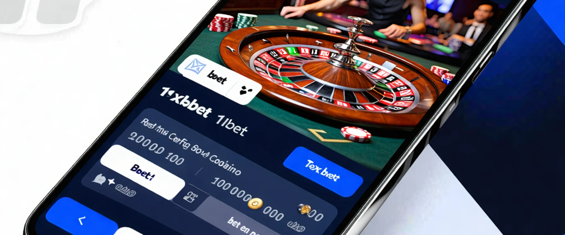 Hình ảnh chính về ứng dụng 1xBet trên điện thoại, giao diện cá cược thể thao sôi động, với logo 1xBet nổi bật và các biểu tượng thể thao, tiền tệ màu vàng trên nền xanh đậm.