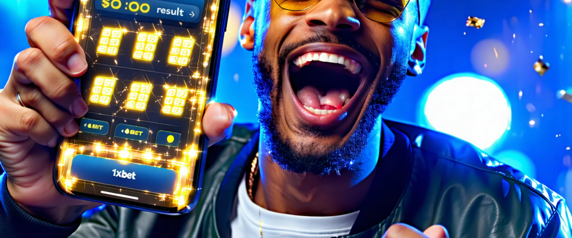 Hình ảnh chính về xổ số 1xBet, người chơi vui mừng với kết quả và logo 1xBet trên thiết bị di động