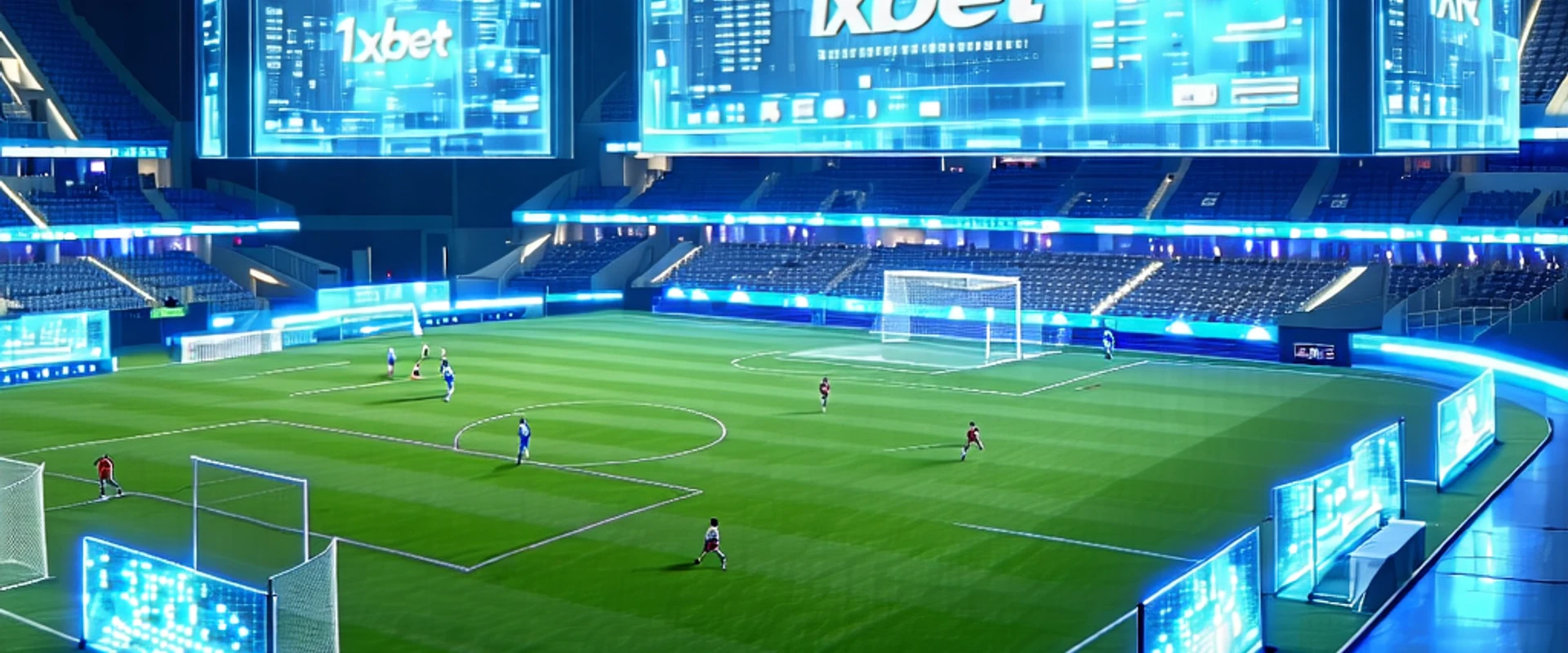 Hình ảnh chính thể thao ảo 1xBet, với các màn hình mô phỏng trận đấu và biểu tượng cá cược
