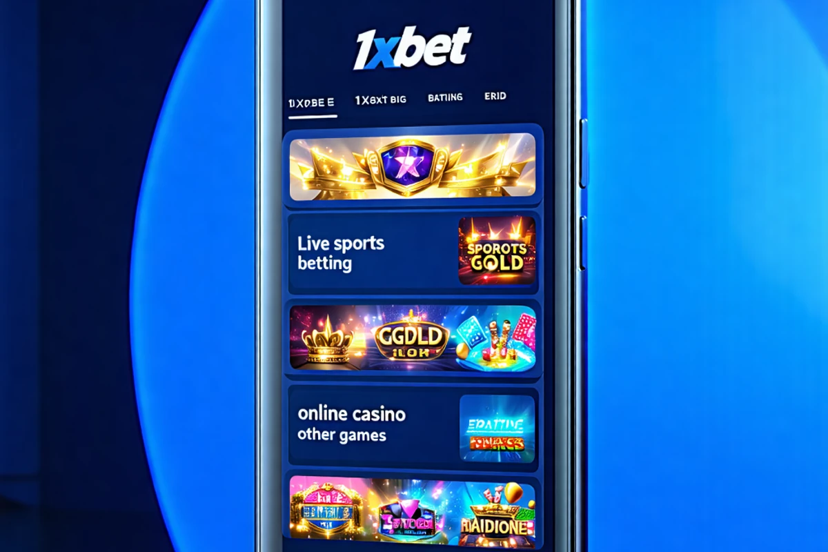 Điện thoại Android hiển thị ứng dụng 1xBet với các lựa chọn cá cược thể thao và casino, làm nổi bật trải nghiệm 1xBet app di động
