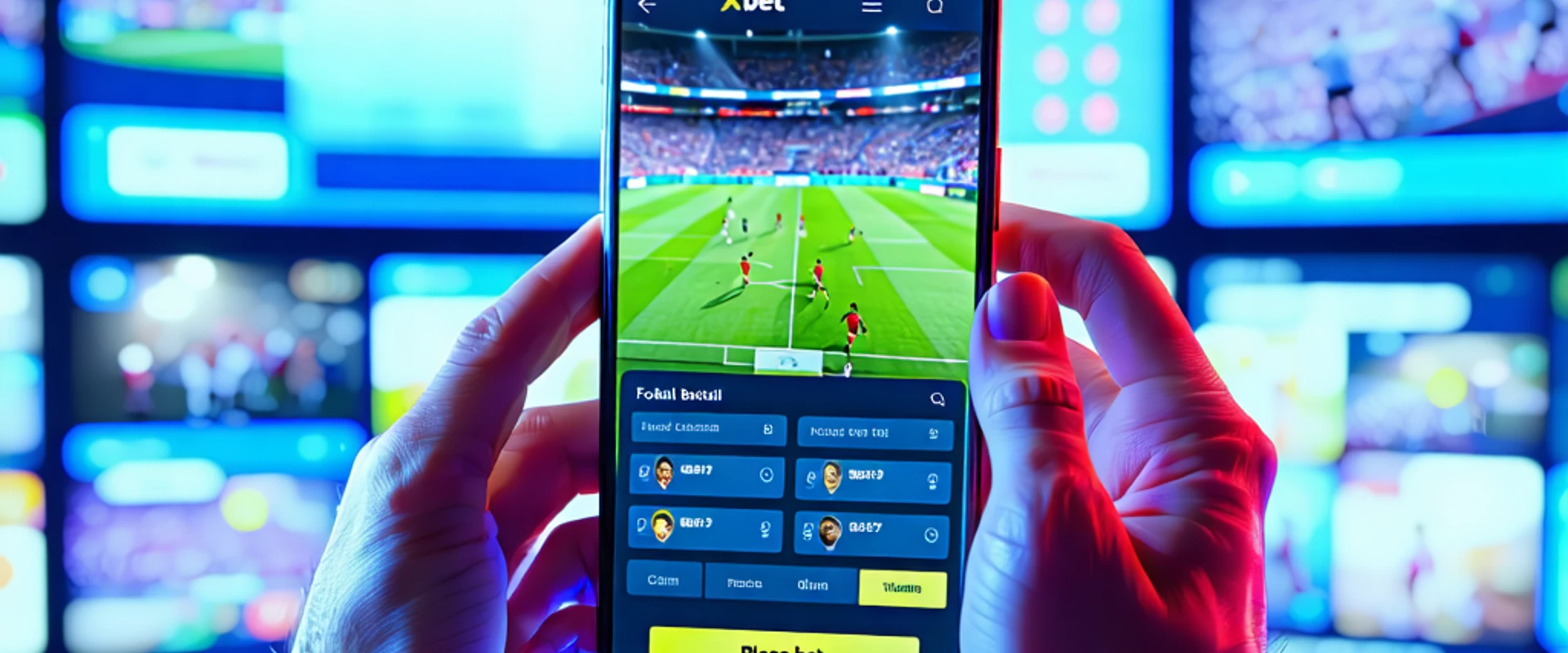 Giao diện cá cược trực tiếp 1xBet trên thiết bị di động với các trận đấu thể thao đang diễn ra, nhấn mạnh sự tiện lợi của ứng dụng 1xBet và link vào 1xBet.
