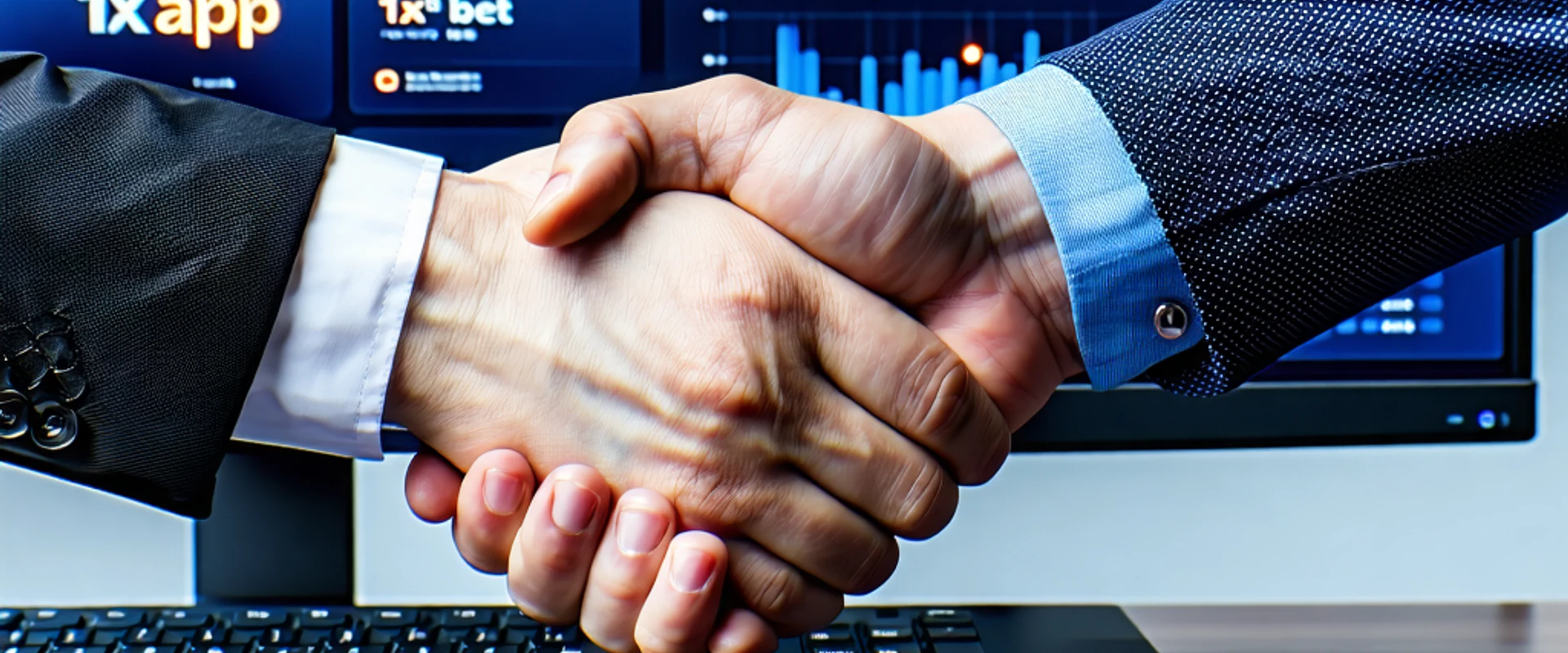 Hình ảnh đại diện cho chương trình đối tác của 1xBet, thể hiện sự hợp tác và thành công, với logo 1xBet nổi bật