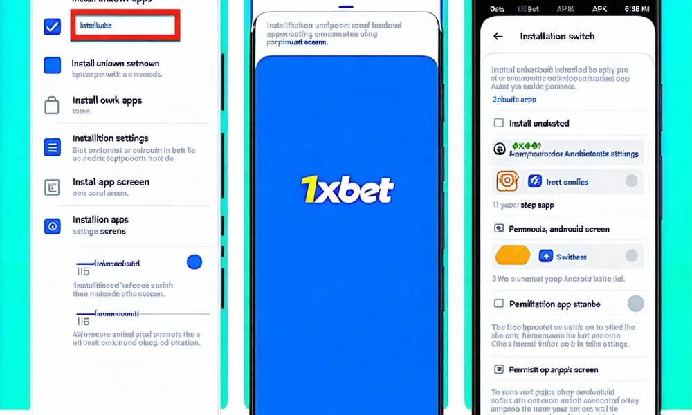 Hình ảnh minh họa các bước cài đặt 1xBet APK trên điện thoại Android, với các cửa sổ pop-up cho phép cài đặt từ nguồn không xác định và tiến trình cài đặt ứng dụng
