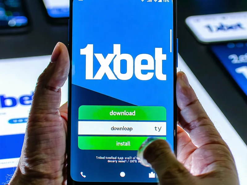 Hình ảnh minh họa một người dùng đang tải ứng dụng 1xBet trên điện thoại thông minh, với biểu tượng Android và iOS, thể hiện sự tiện lợi của 1xBet app và 1xBet apk.