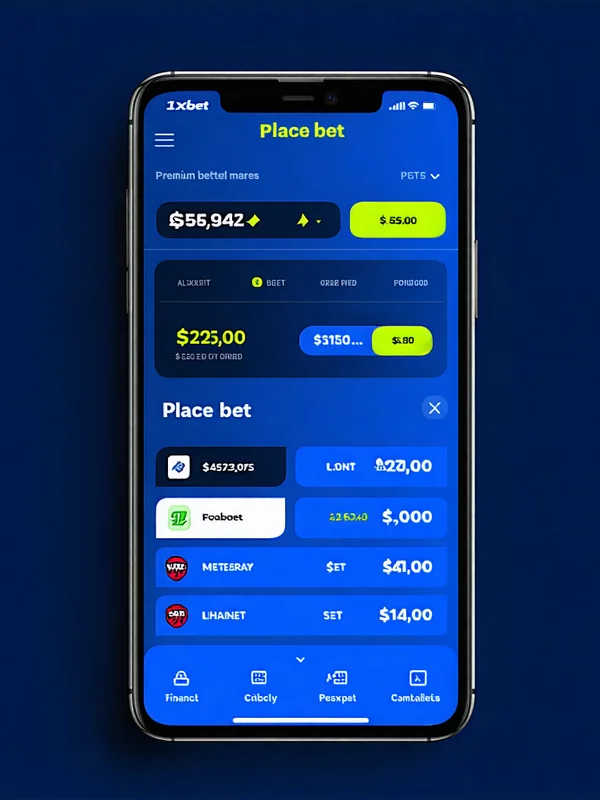 Giao diện ứng dụng di động 1xBet hiển thị màn hình cược tài chính với các tùy chọn đặt cược và biểu đồ giá