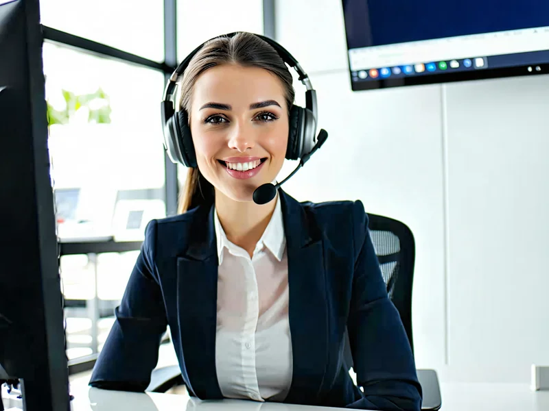 Người đại diện hỗ trợ khách hàng đang nói chuyện qua tai nghe, biểu tượng cho dịch vụ hỗ trợ đối tác chuyên nghiệp của 1xBet.