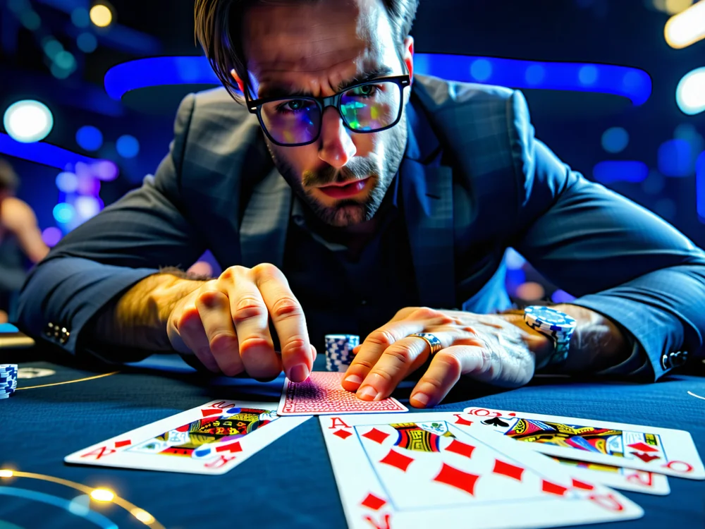 Hình ảnh người chơi Poker đang tập trung phân tích bài trên màn hình máy tính, thể hiện sự tư duy chiến lược và kỹ năng