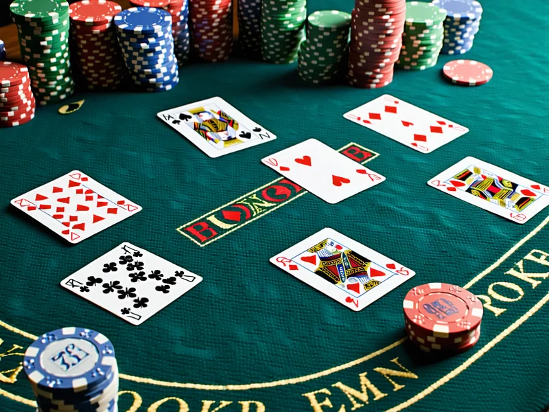 Hình ảnh bàn chơi Texas Hold'em với thẻ bài, chip và người chơi đang tương tác, thể hiện sự kịch tính và tập trung