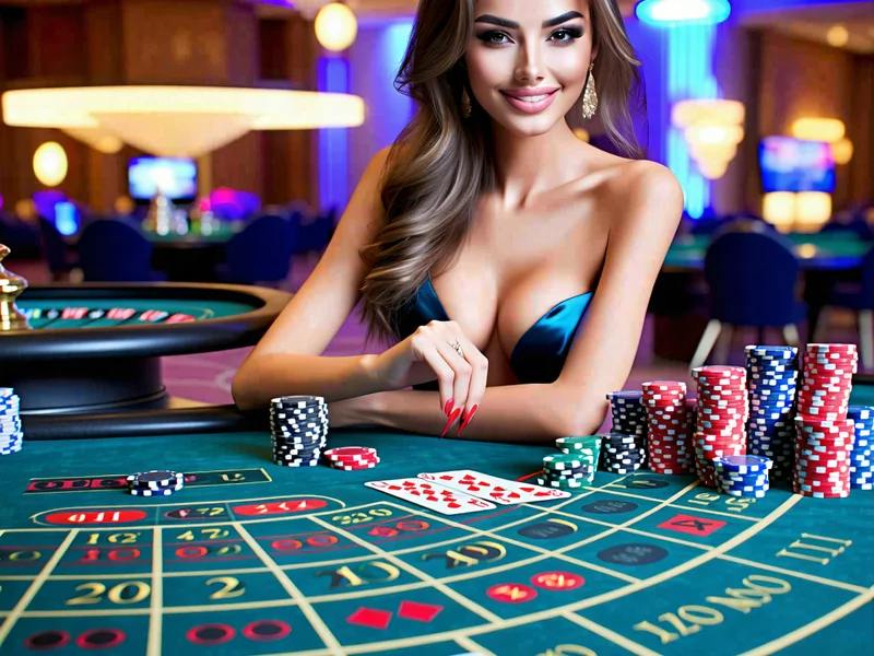 Hình ảnh sòng bạc trực tiếp của 1xBet, với dealer xinh đẹp chia bài trên bàn Baccarat hoặc Roulette, trong không gian studio sang trọng với ánh đèn neon và chip bài.