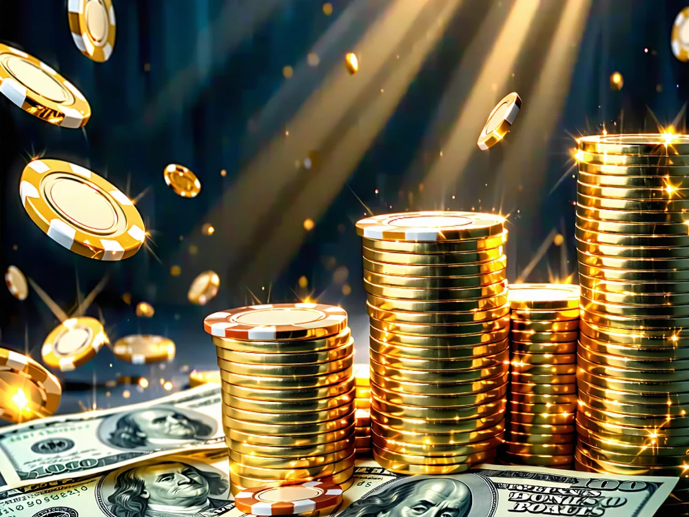 Hình ảnh các biểu tượng khuyến mãi, chip poker và tiền thưởng, thể hiện ưu đãi hấp dẫn dành cho người chơi tại 1xBet