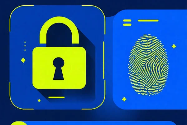 Biểu tượng ổ khóa kỹ thuật số và dấu vân tay trên màn hình đăng nhập 1xBet, thể hiện tính năng bảo mật hai yếu tố (2FA) và đăng nhập an toàn, với các yếu tố màu xanh đậm và vàng.