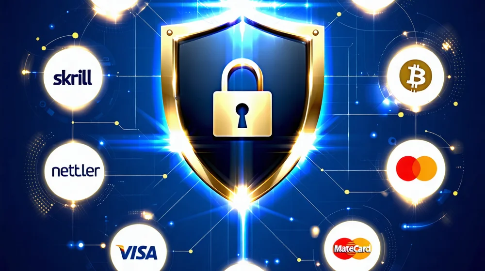 Hình ảnh các biểu tượng giao dịch an toàn và phương thức thanh toán đa dạng được 1xBet hỗ trợ, bao gồm ví điện tử, ngân hàng và tiền điện tử, thể hiện sự tiện lợi và bảo mật cho người dùng.