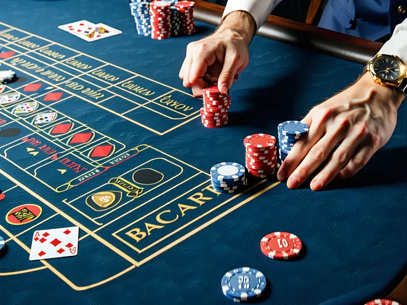 Bàn chơi Baccarat tại 1xBet với các lá bài và chip cược, ánh sáng vàng phản chiếu trên bề mặt xanh thẫm, thể hiện sự sang trọng và kịch tính của trò chơi.