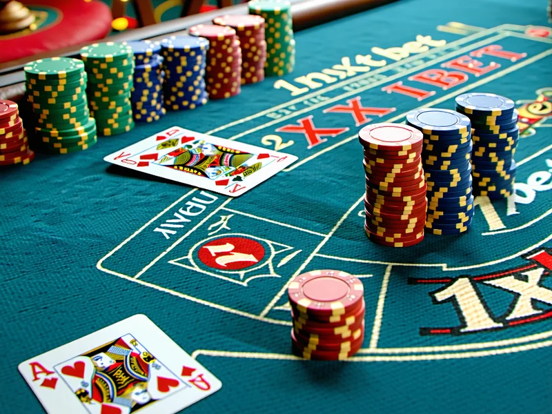 Bàn chơi Blackjack tại 1xBet với các quân bài, chip cược và vị trí cho người chơi, thể hiện sự tập trung và tính toán của trò chơi bài kinh điển này.