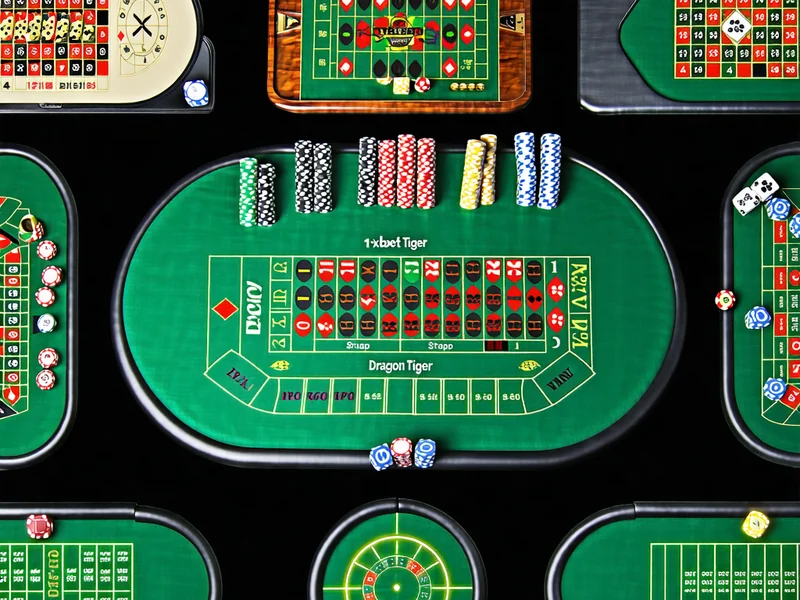 Hình ảnh tổng hợp các trò chơi bàn khác tại 1xBet như Craps, Sic Bo, Dragon Tiger, với các biểu tượng và bàn chơi đa dạng, thể hiện sự phong phú của nền tảng.